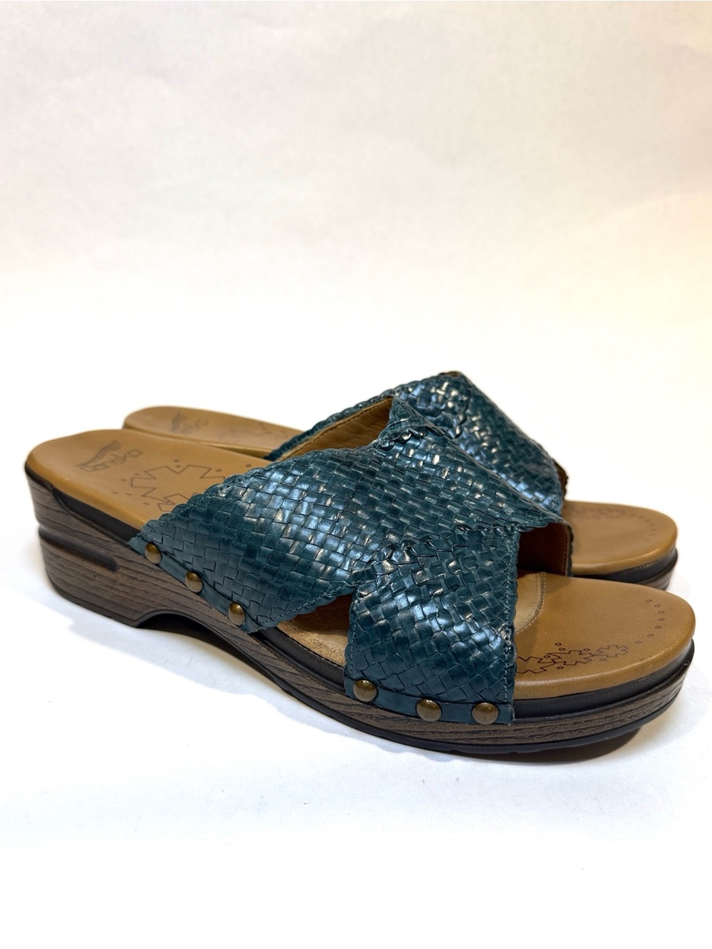 Dansko Mila Leather Basket Weave Crisscross Slide Sandal Clog Blue NWOB  EU41